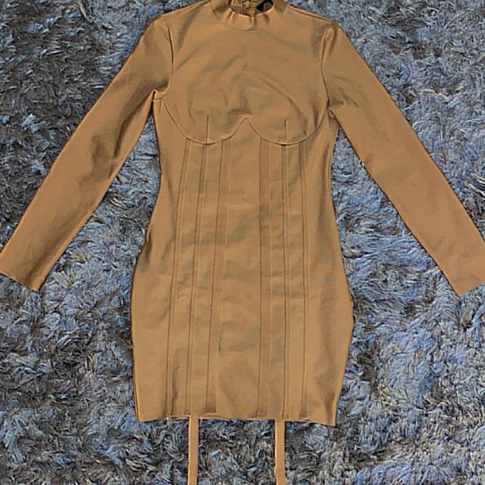 TAN LONG SLEEVE DETAILED DRESS